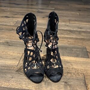 SCHUTZ Black Cutout Lace-Up High Heel Sandals
